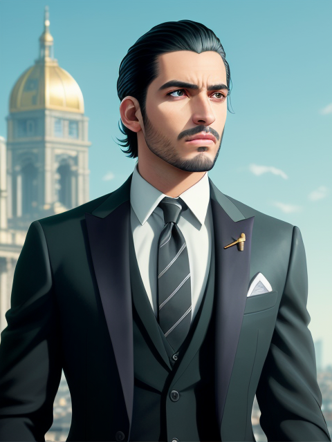 Roman's Picture. Athletic Slim black hair slicked back, rubble stubble beard,3 piece suit, tie, GQ suave, handsome, sophisticated white male